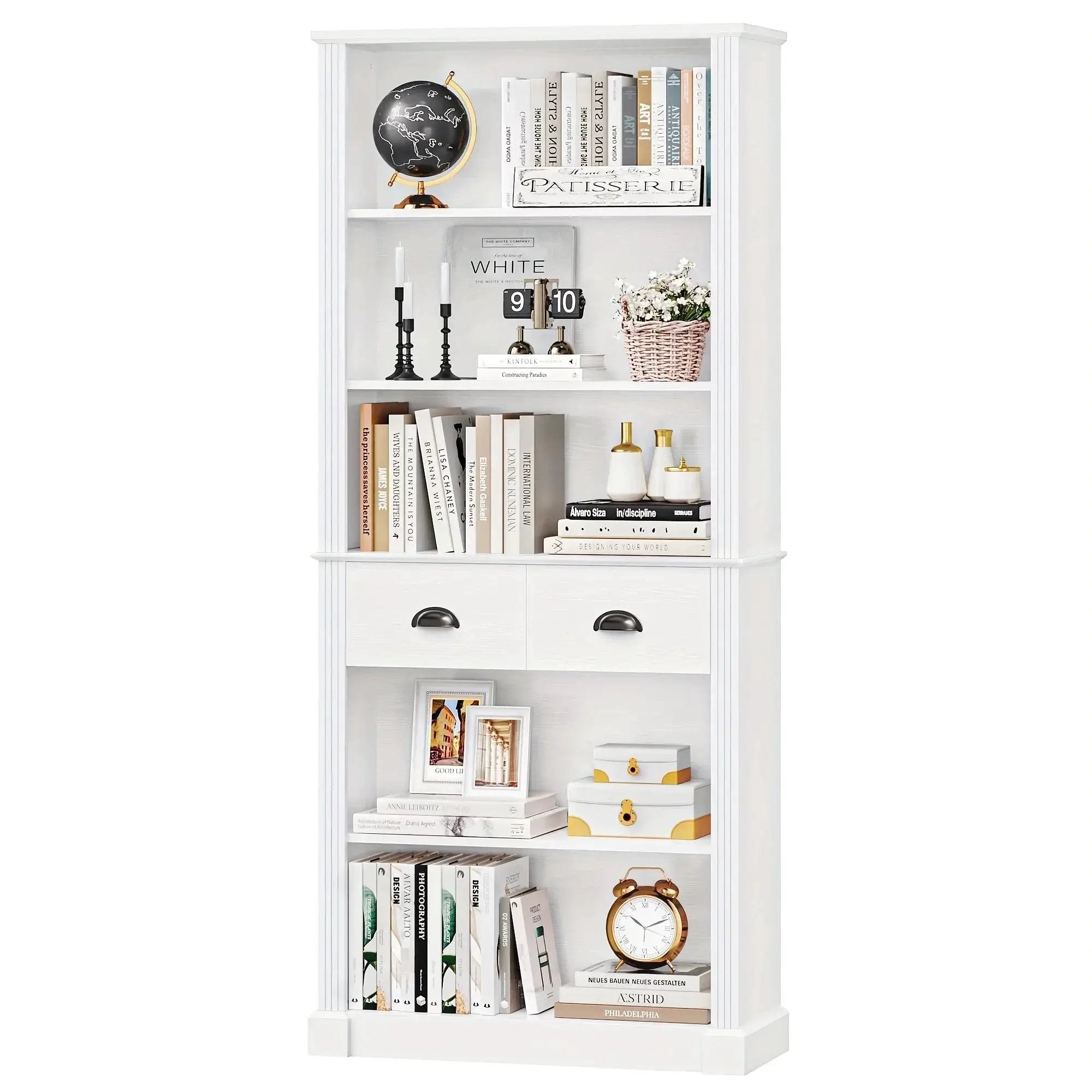 White Wooden 5-Tier Bookshelf with 2 Drawers and Adjustable Shelves by House Of Avana