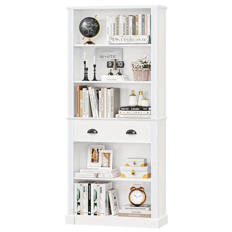 White Wooden 5-Tier Bookshelf with 2 Drawers and Adjustable Shelves by House Of Avana