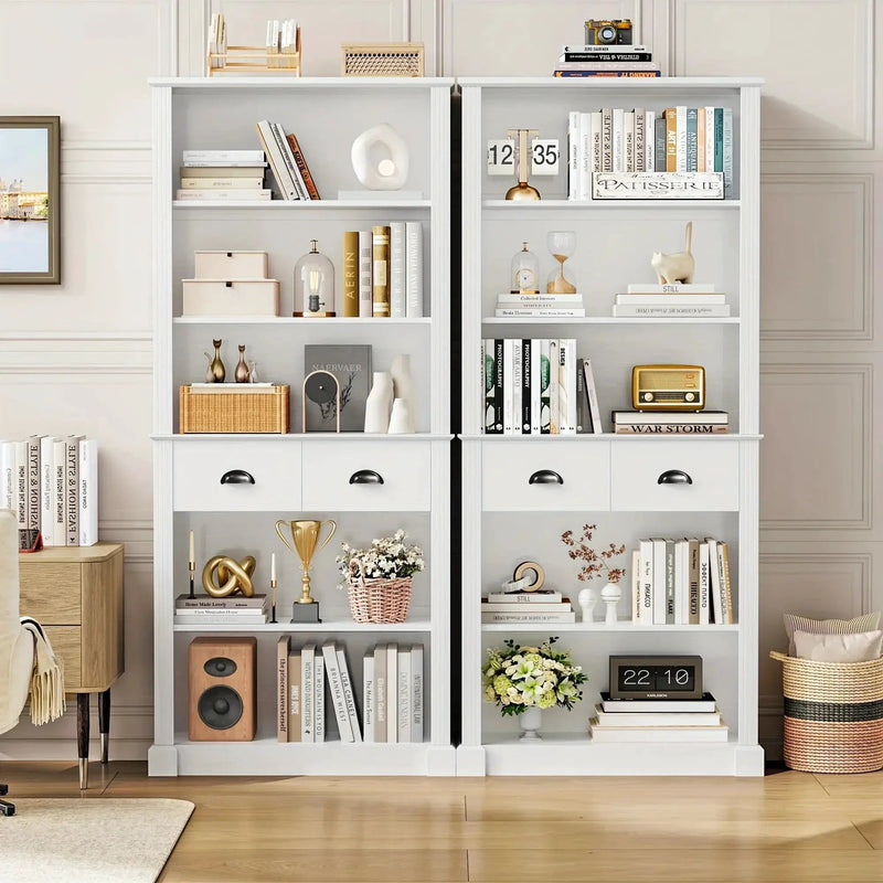 White Wooden 5-Tier Bookshelf with 2 Drawers and Adjustable Shelves by House Of Avana