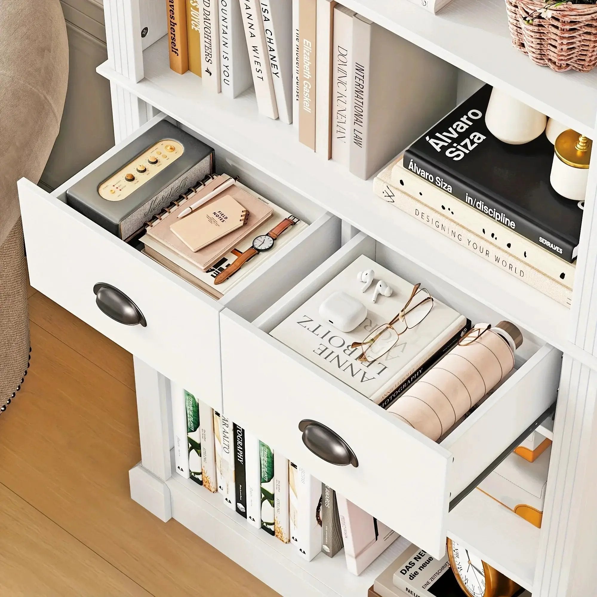 White Wooden 5-Tier Bookshelf with 2 Drawers and Adjustable Shelves by House Of Avana