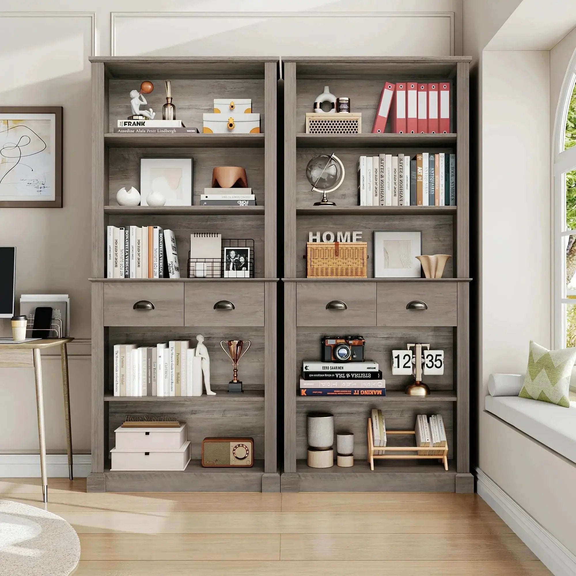 White Wooden 5-Tier Bookshelf with 2 Drawers and Adjustable Shelves by House Of Avana