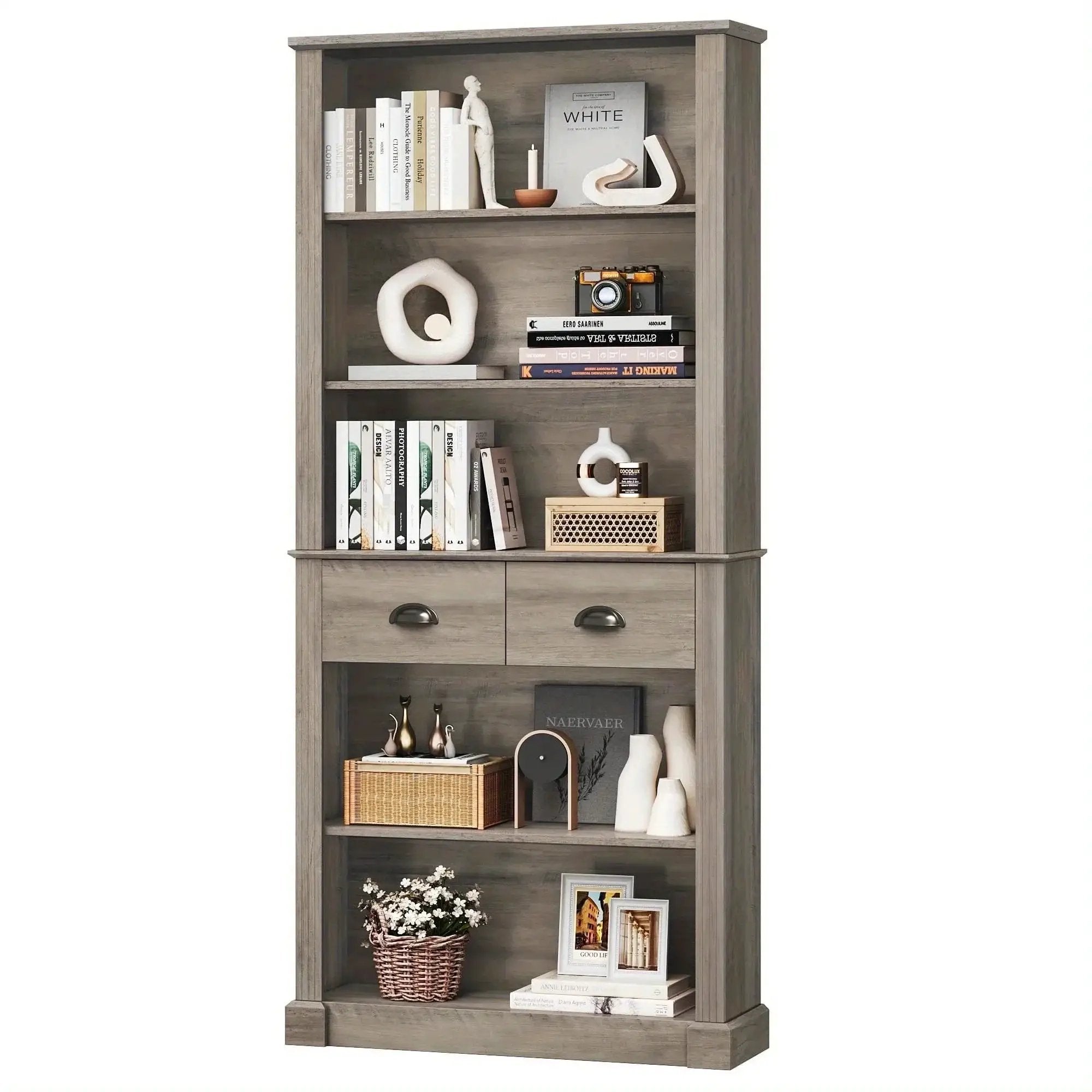 White Wooden 5-Tier Bookshelf with 2 Drawers and Adjustable Shelves by House Of Avana