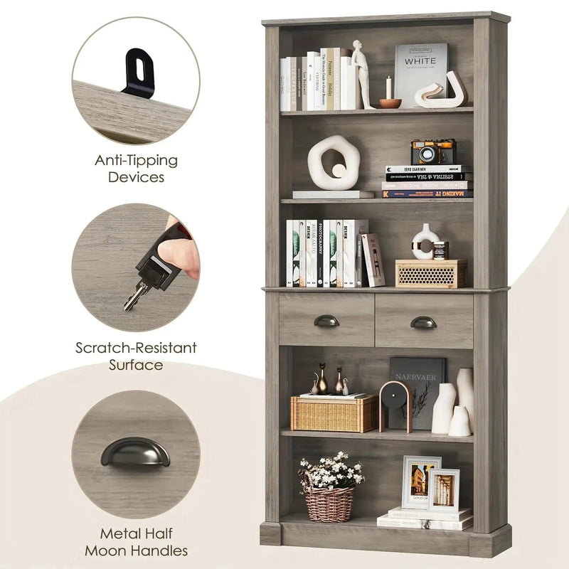 White Wooden 5-Tier Bookshelf with 2 Drawers and Adjustable Shelves by House Of Avana