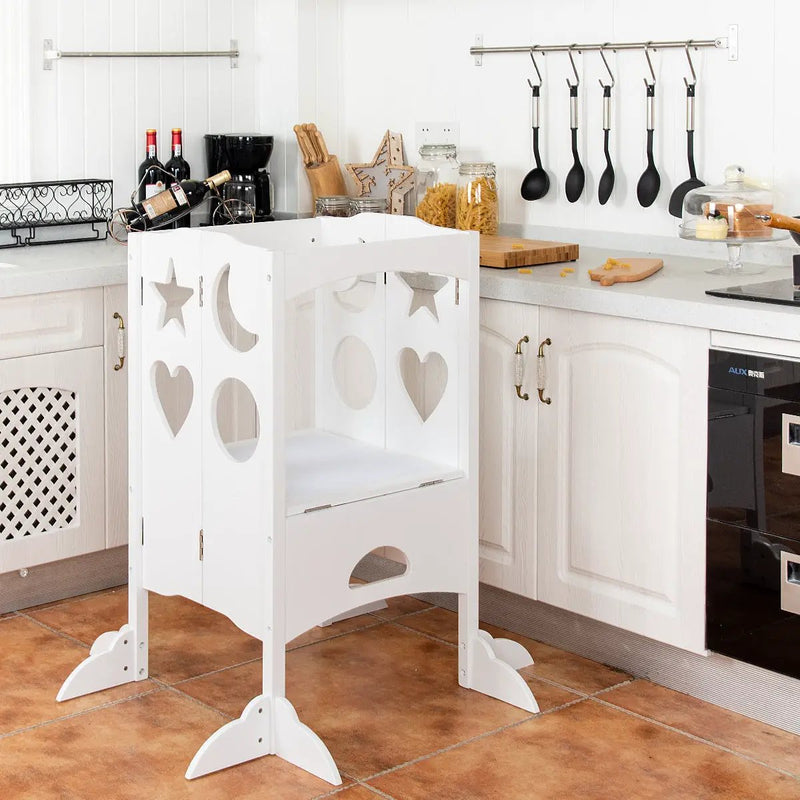 Folding Kids Kitchen Helper Kitchen Counter Step Stool-White by DirectDeals