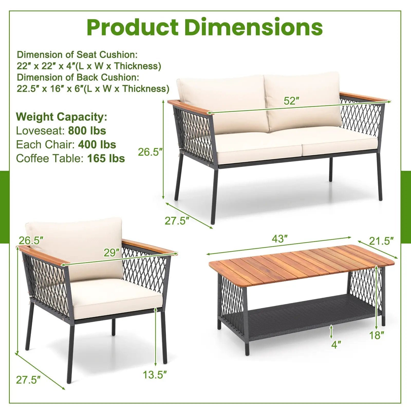4 Piece Patio Rattan Furniture Set with 2-Tier Coffee Table-White by DirectDeals
