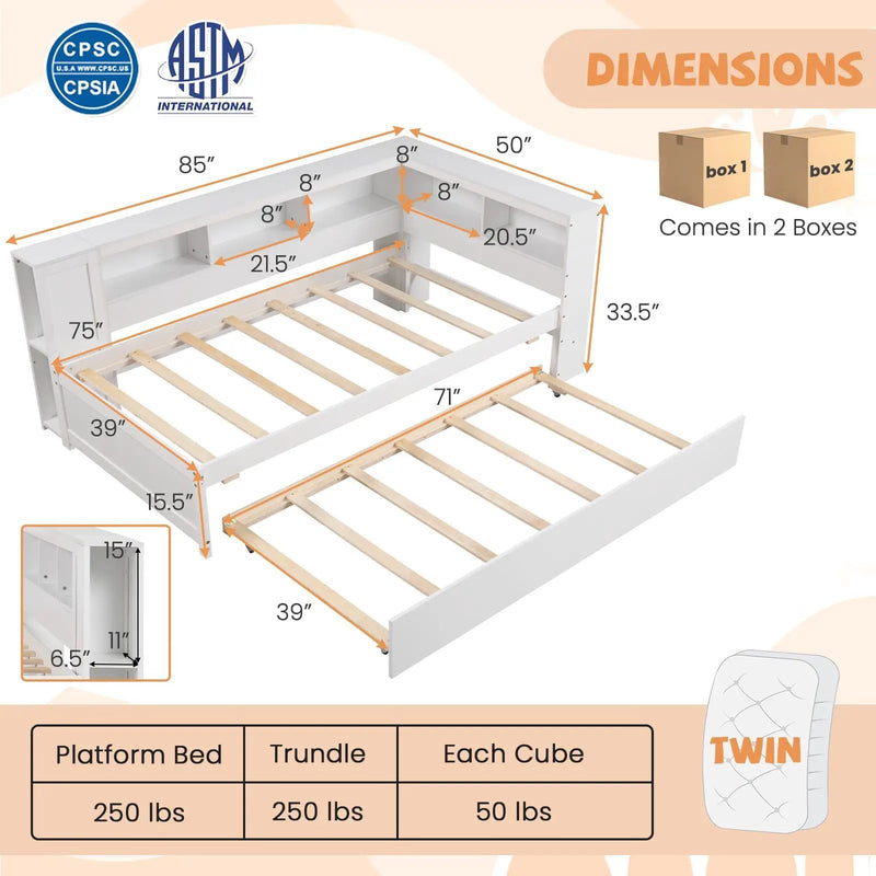 Twin Size Daybed Platform Bed Frame with Trundle and Bedside Shelves-White by DirectDeals