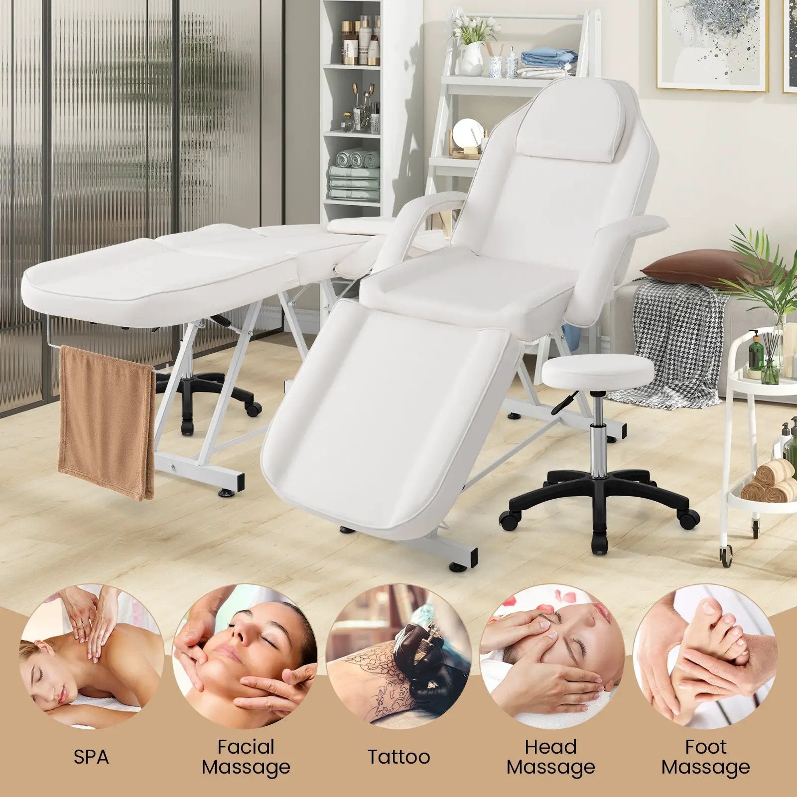 73 Inch Facial Chair Set with Removable Headrest Detachable Armrests and Towel Rack-White by DirectDeals