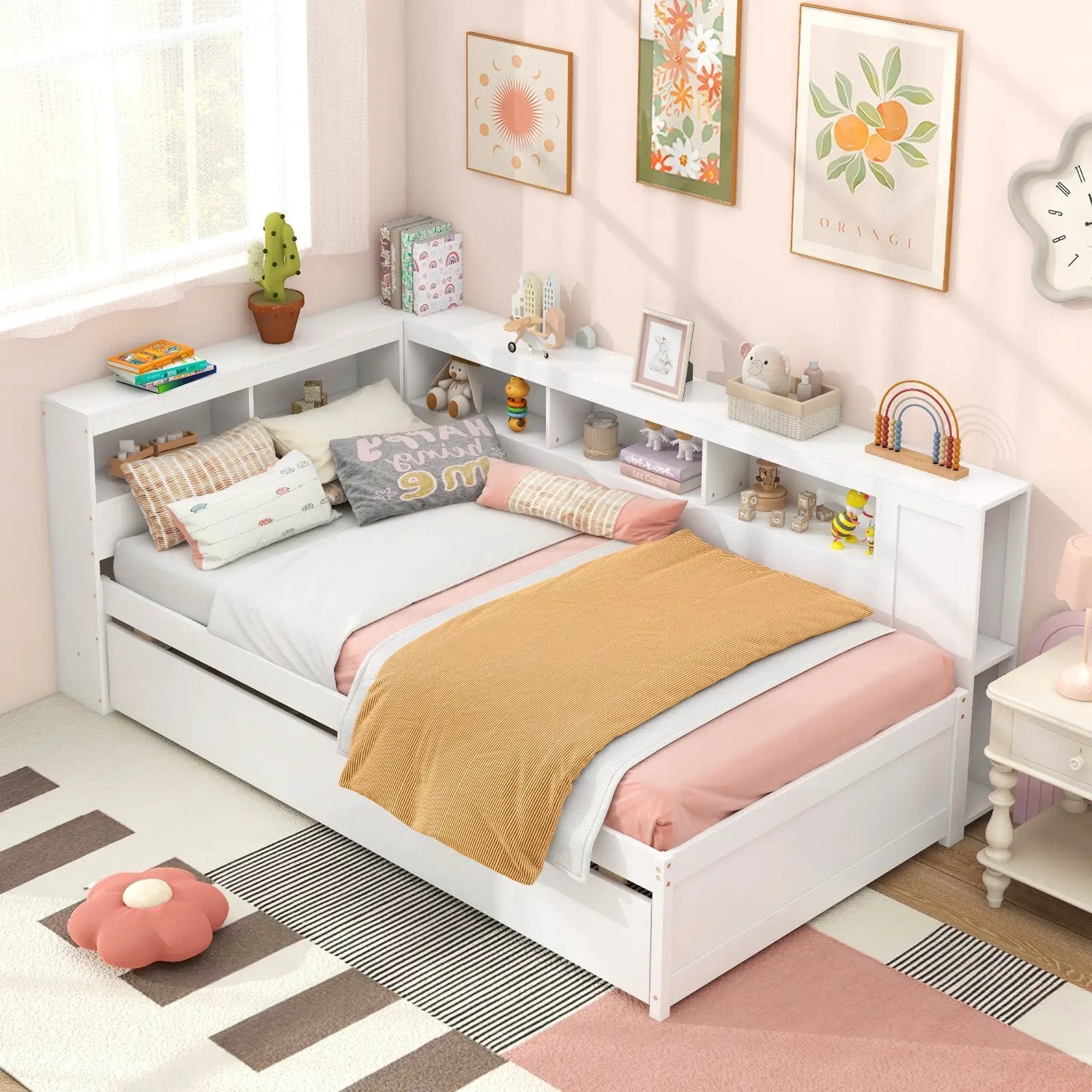 Twin Size Daybed Platform Bed Frame with Trundle and Bedside Shelves-White by DirectDeals