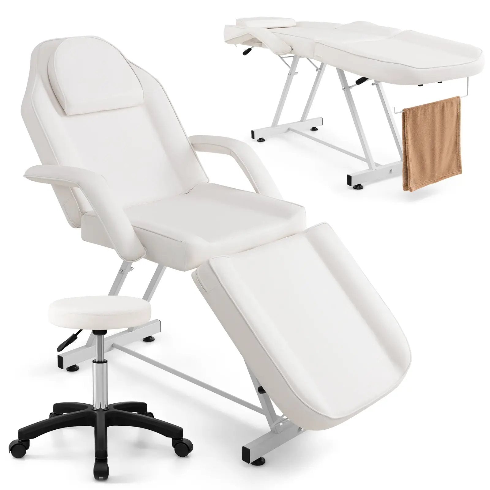 73 Inch Facial Chair Set with Removable Headrest Detachable Armrests and Towel Rack-White by DirectDeals