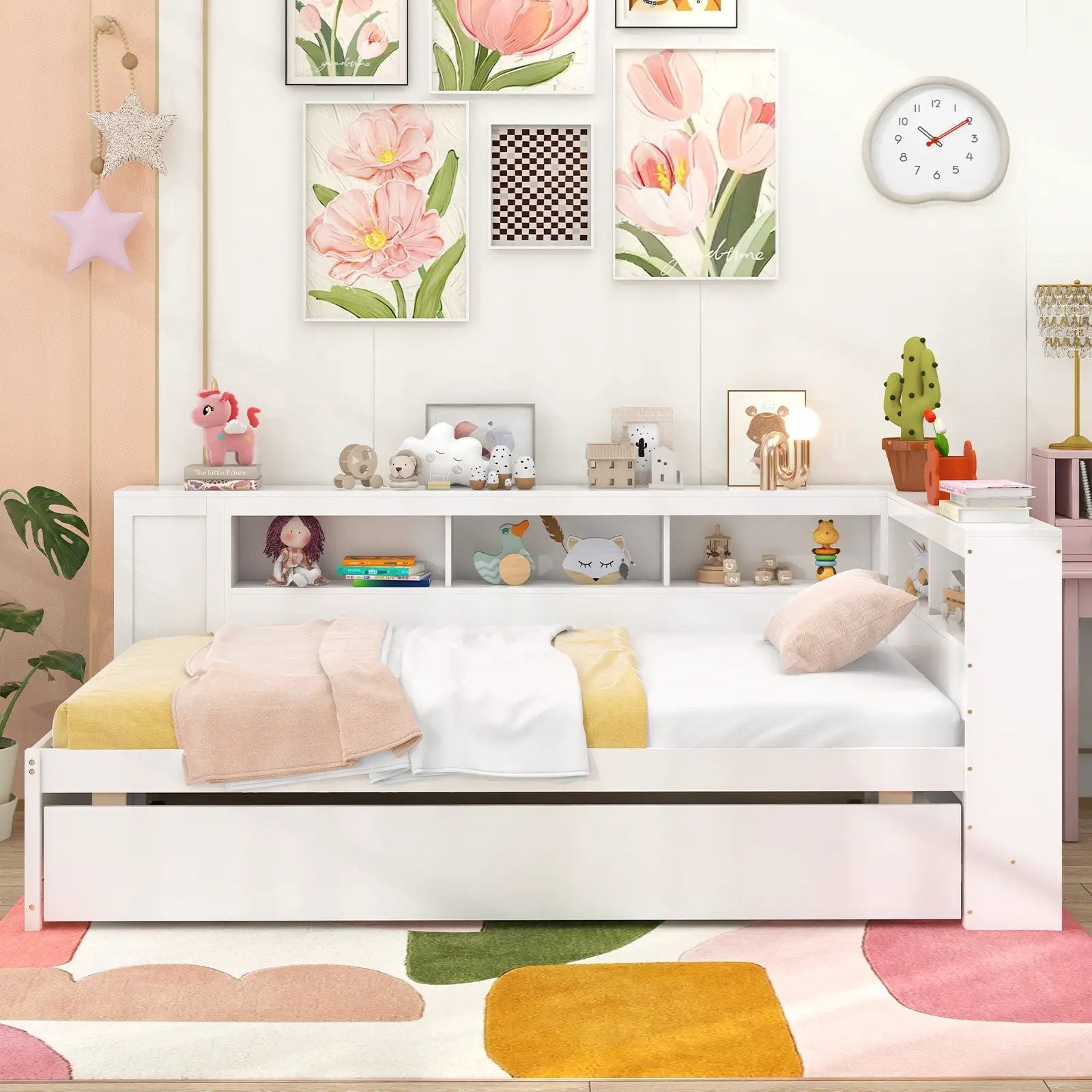 Twin Size Daybed Platform Bed Frame with Trundle and Bedside Shelves-White by DirectDeals