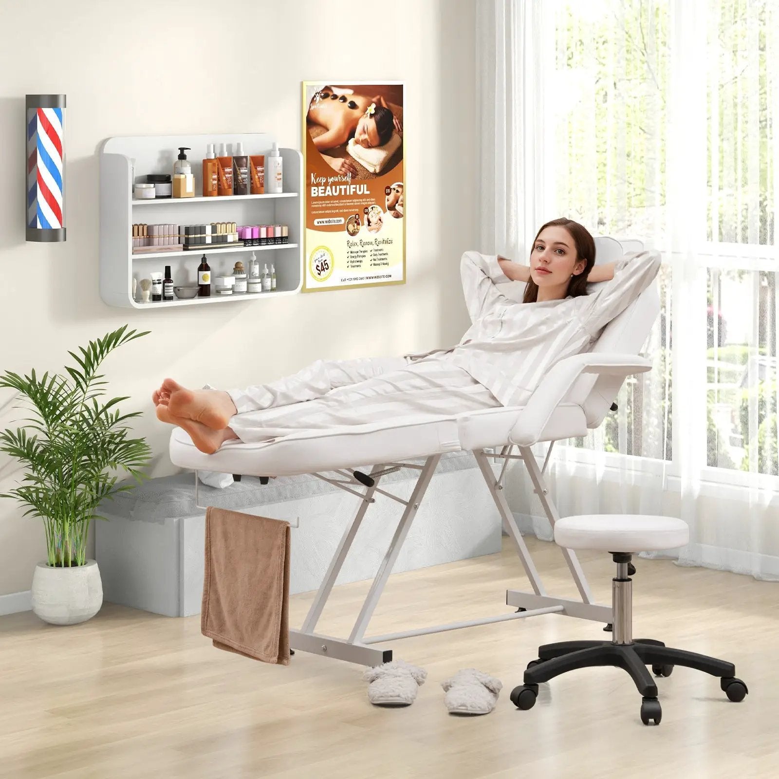73 Inch Facial Chair Set with Removable Headrest Detachable Armrests and Towel Rack-White by DirectDeals