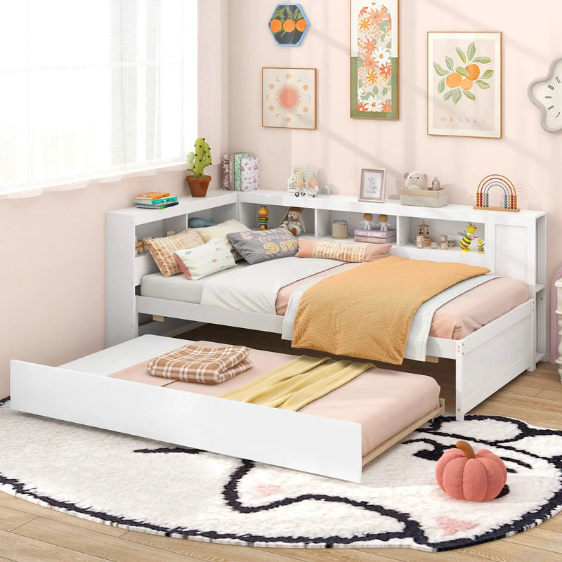 Twin Size Daybed Platform Bed Frame with Trundle and Bedside Shelves-White by DirectDeals