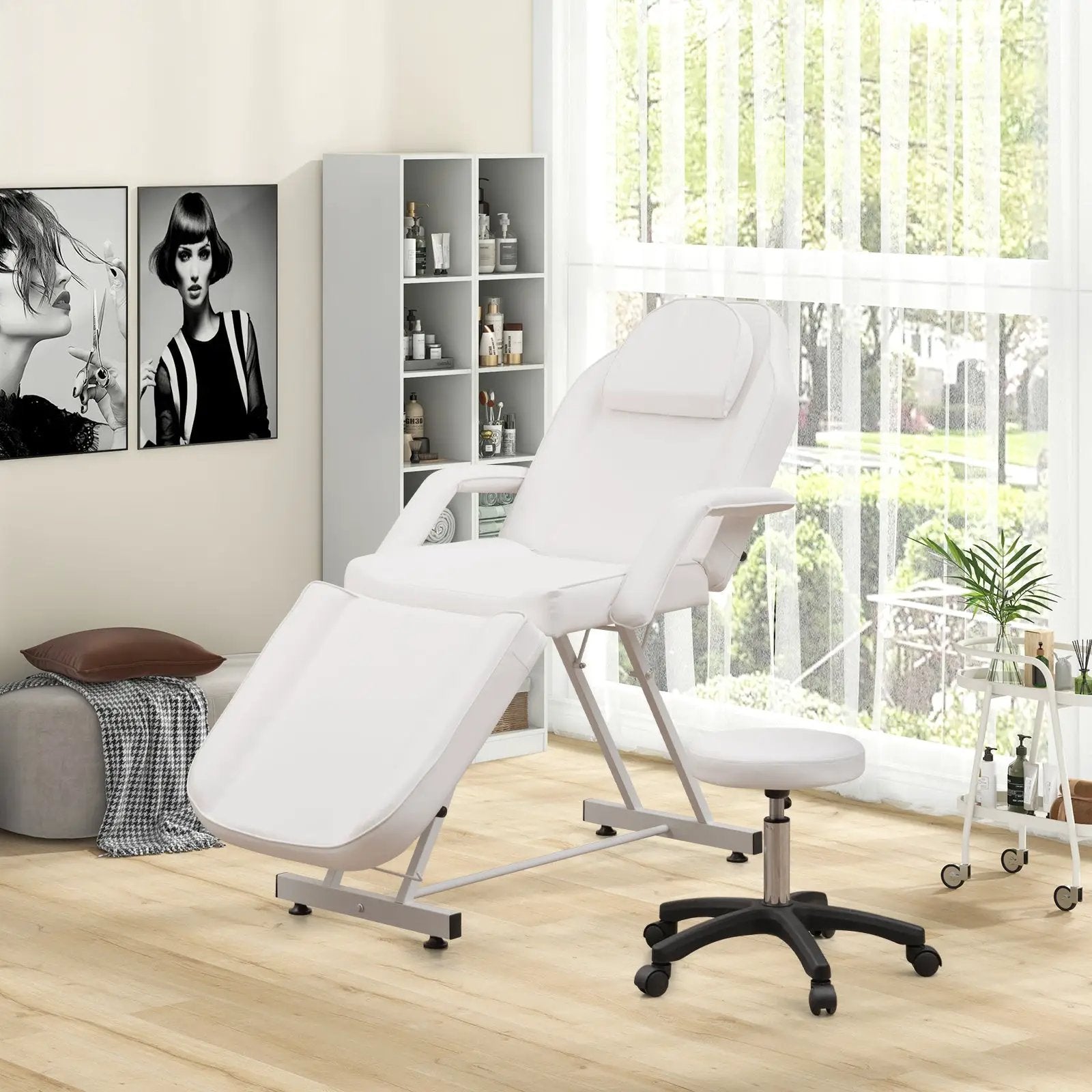 73 Inch Facial Chair Set with Removable Headrest Detachable Armrests and Towel Rack-White by DirectDeals