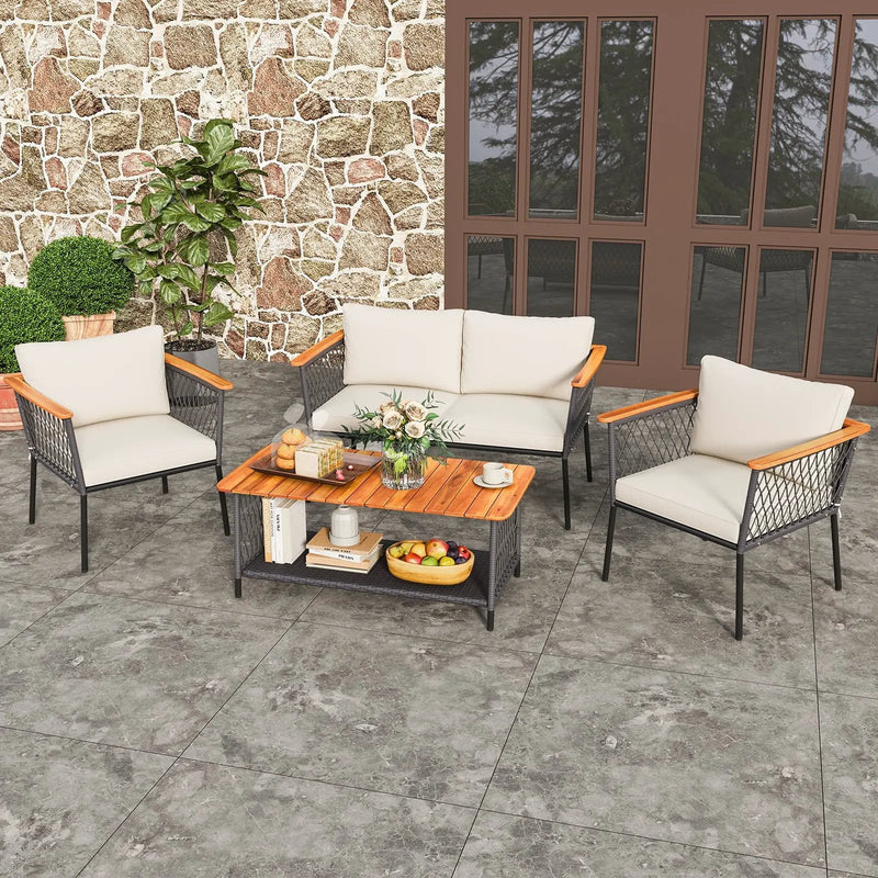 4 Piece Patio Rattan Furniture Set with 2-Tier Coffee Table-White by DirectDeals