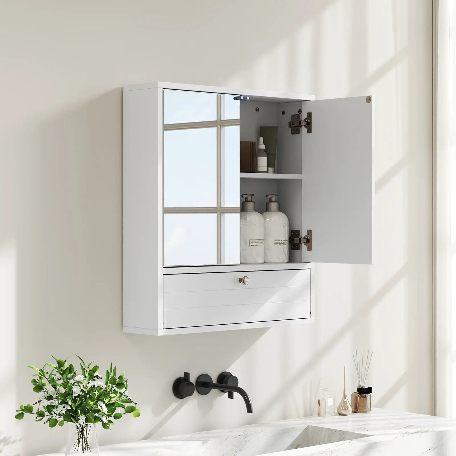 Double Door Wall-Mounted Bathroom Mirrored Medicine Cabinet-White by DirectDeals