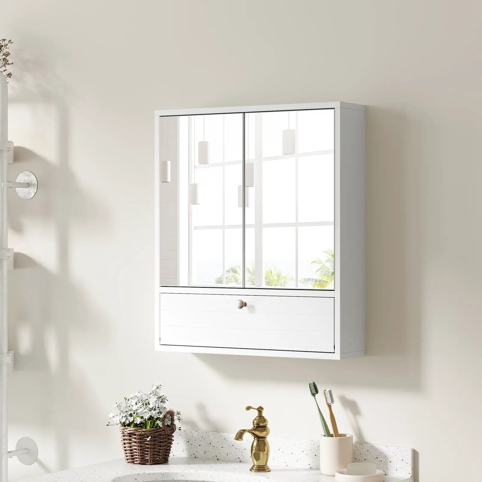 Double Door Wall-Mounted Bathroom Mirrored Medicine Cabinet-White by DirectDeals
