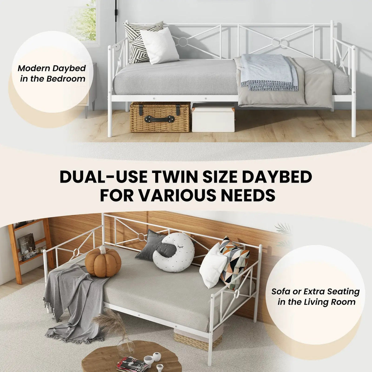 Metal Daybed Twin Bed Frame Stable Steel Slats Sofa Bed, photo 18 of 24