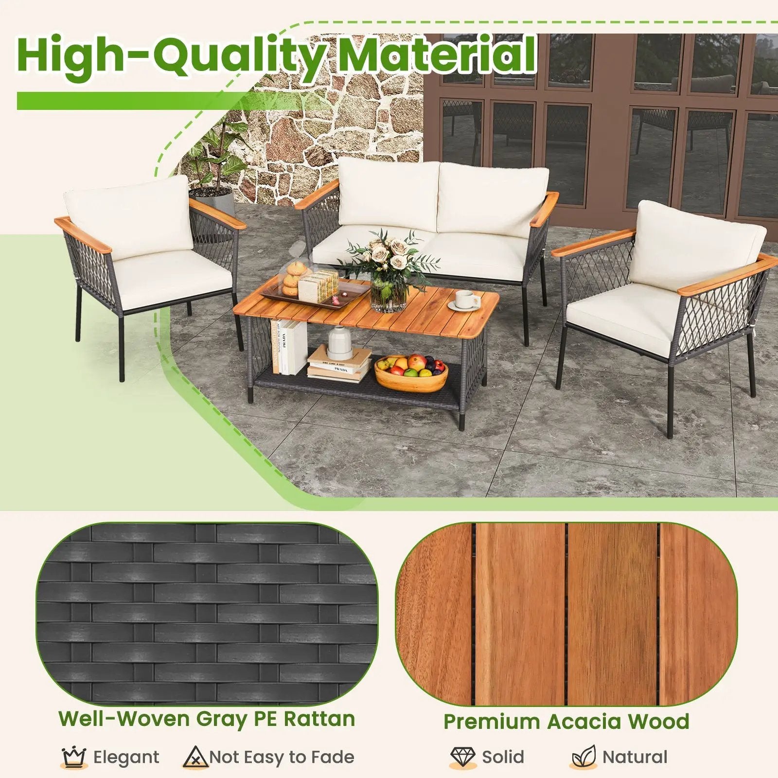 4 Piece Patio Rattan Furniture Set with 2-Tier Coffee Table-White by DirectDeals