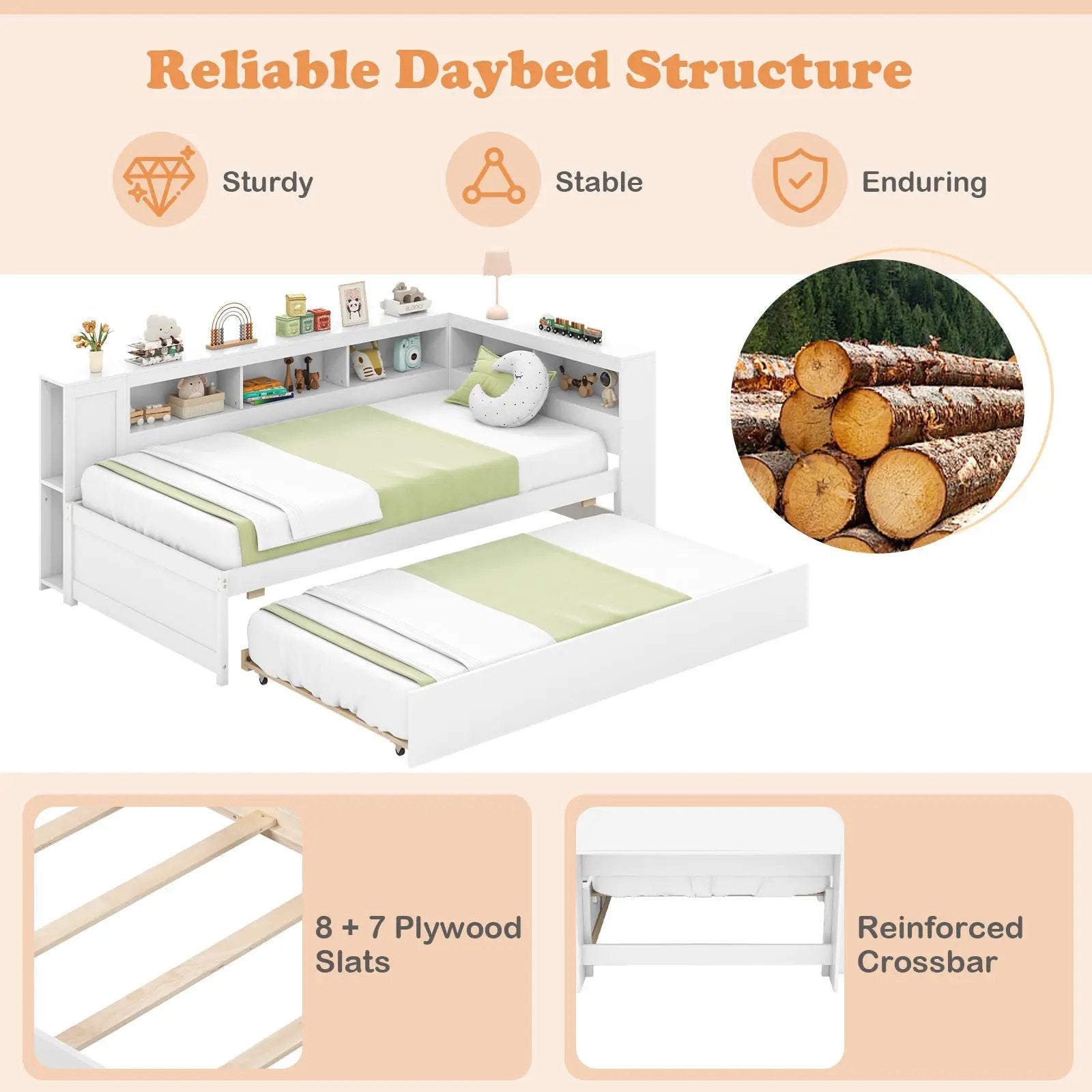 Twin Size Daybed Platform Bed Frame with Trundle and Bedside Shelves-White by DirectDeals