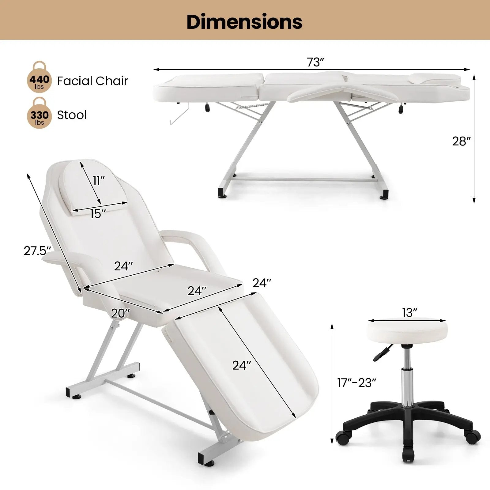 73 Inch Facial Chair Set with Removable Headrest Detachable Armrests and Towel Rack-White by DirectDeals