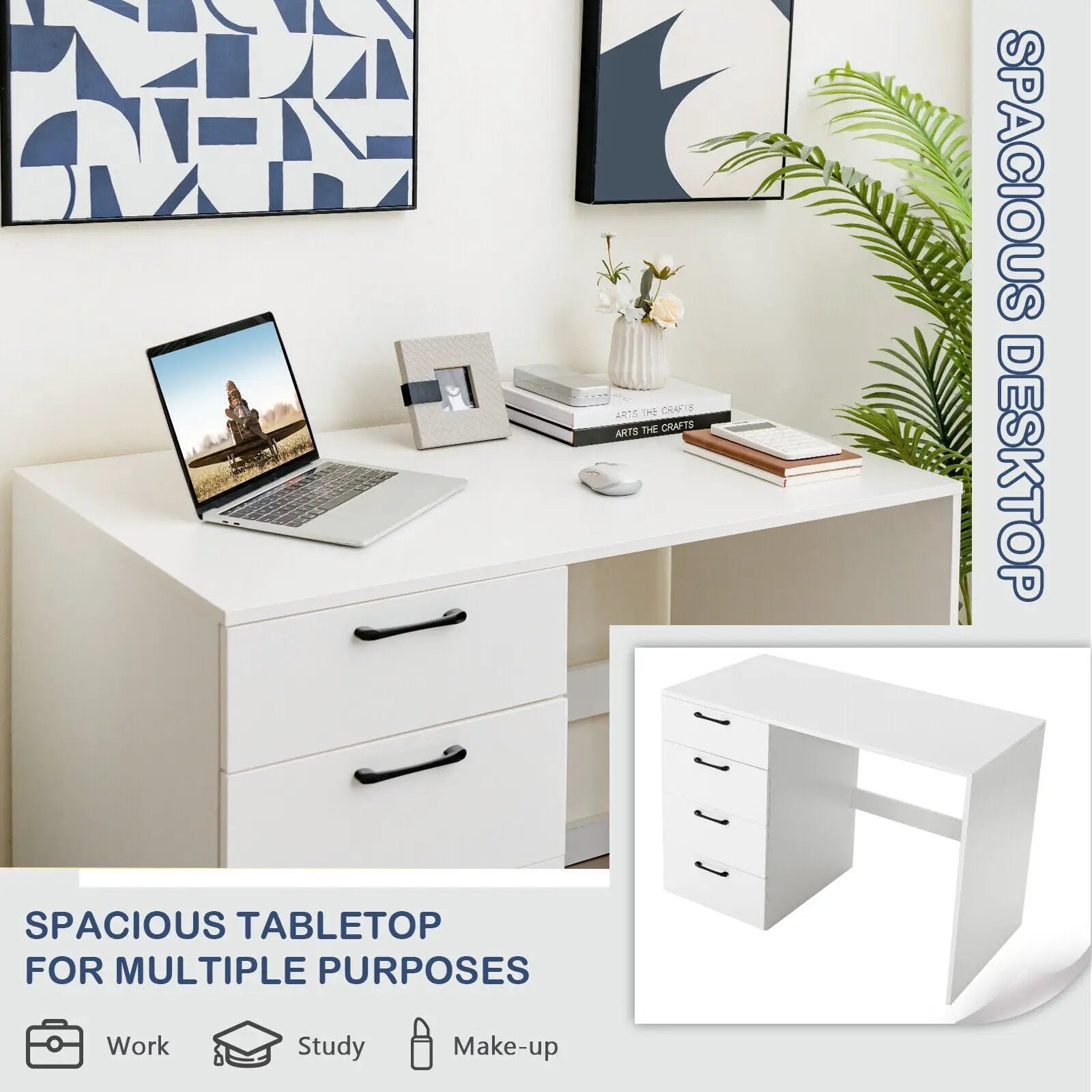 43.5 Inch Computer Desk with 4 Large Drawers-White by DirectDeals
