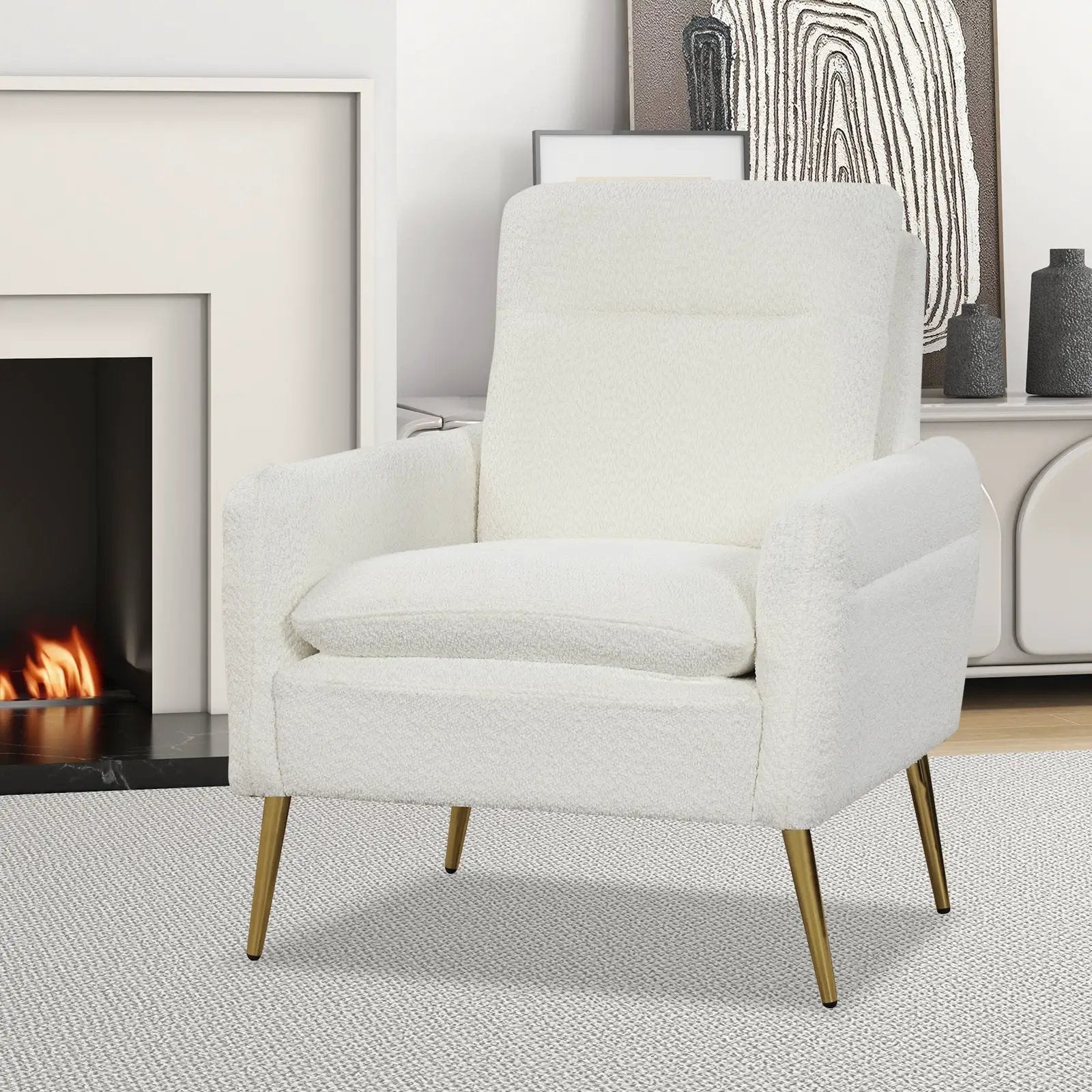 Upholstered Sherpa Modern Accent Armchair for Living Room-White by DirectDeals