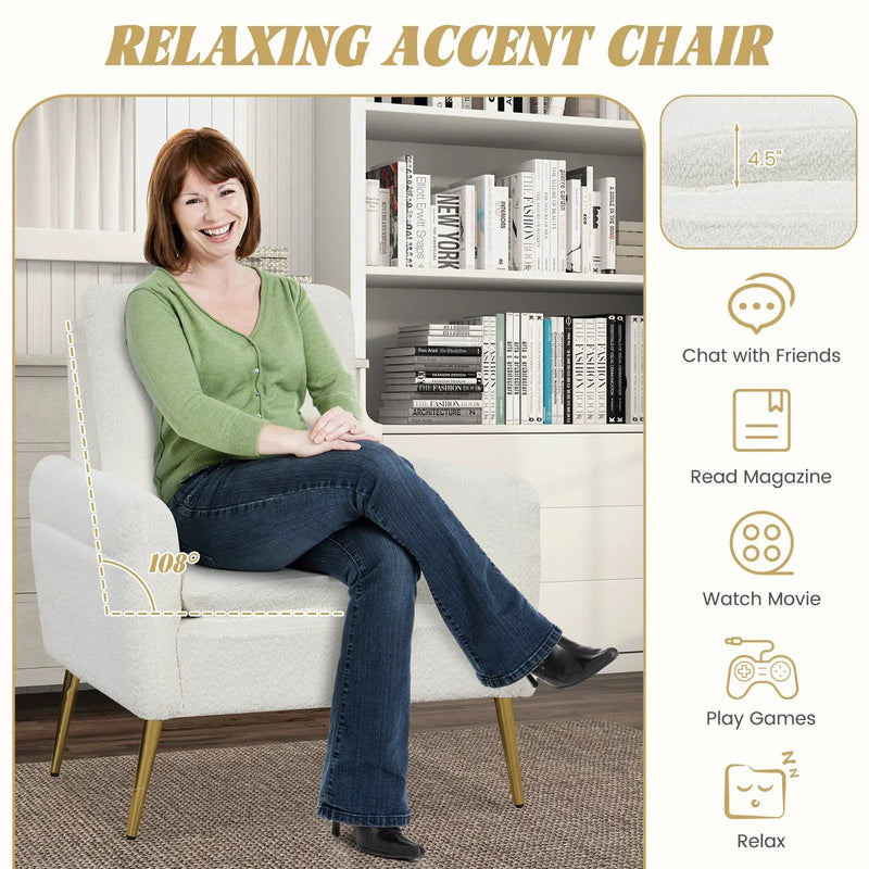Upholstered Sherpa Modern Accent Armchair for Living Room-White by DirectDeals