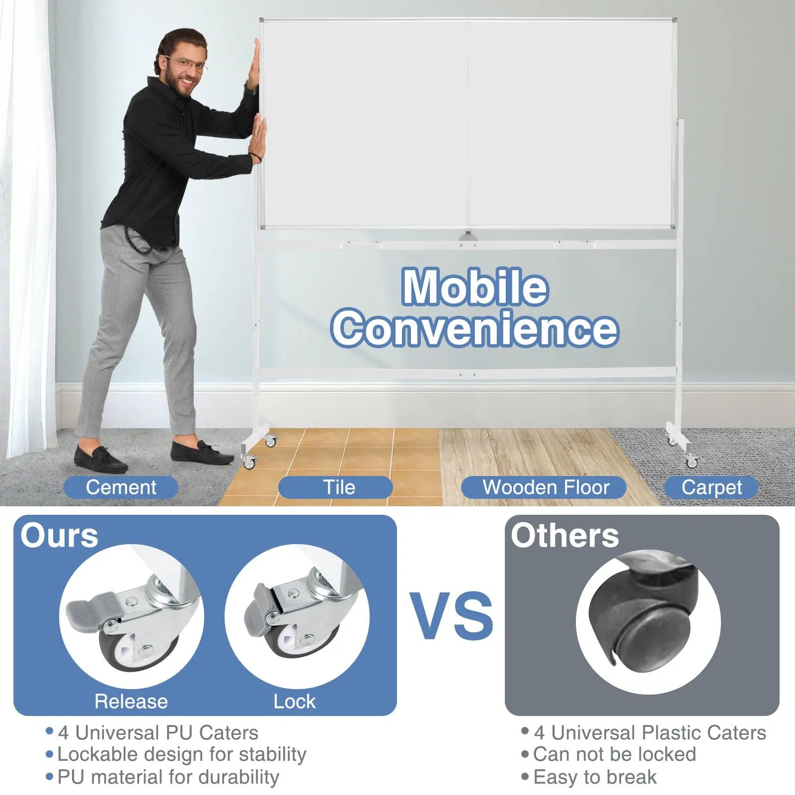Rolling Double-Sided Magnetic Whiteboard on Wheels with Stand and Aluminum Alloy Frame by DirectDeals