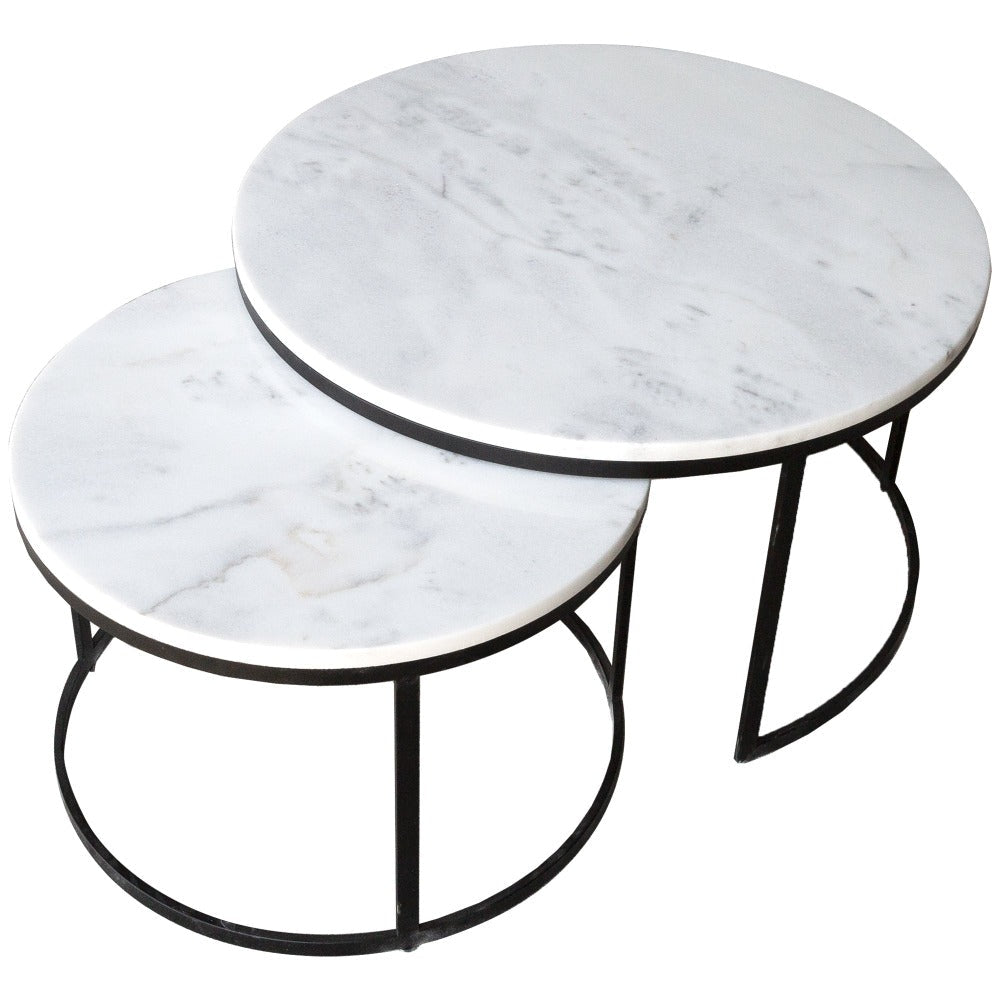 Carrara White Marble Nesting Coffee Table Round Set of 2 by GobekDesign
