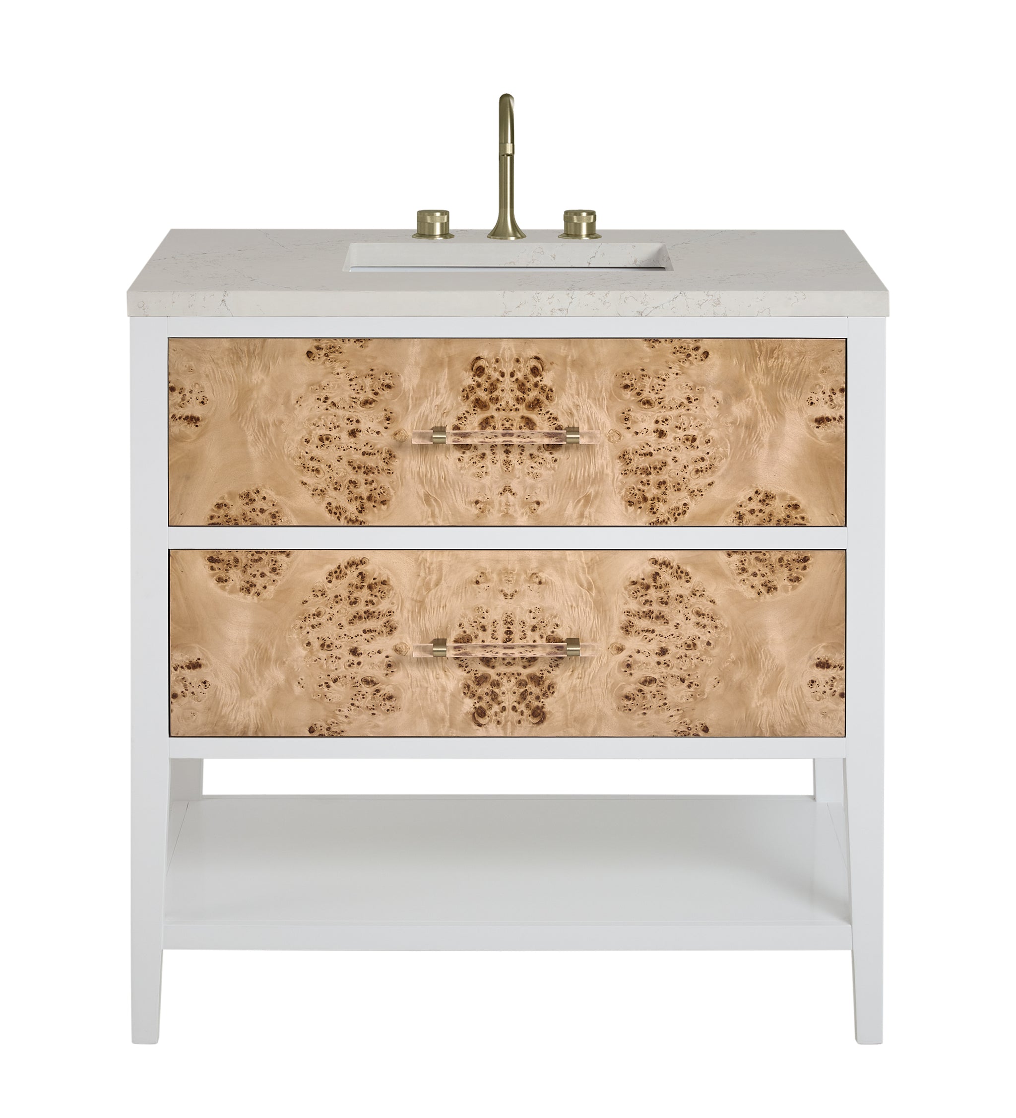 James Martin Olena 36" Single Bathroom Vanity, Polished White and Light Mappa Burl with Siberian countertop