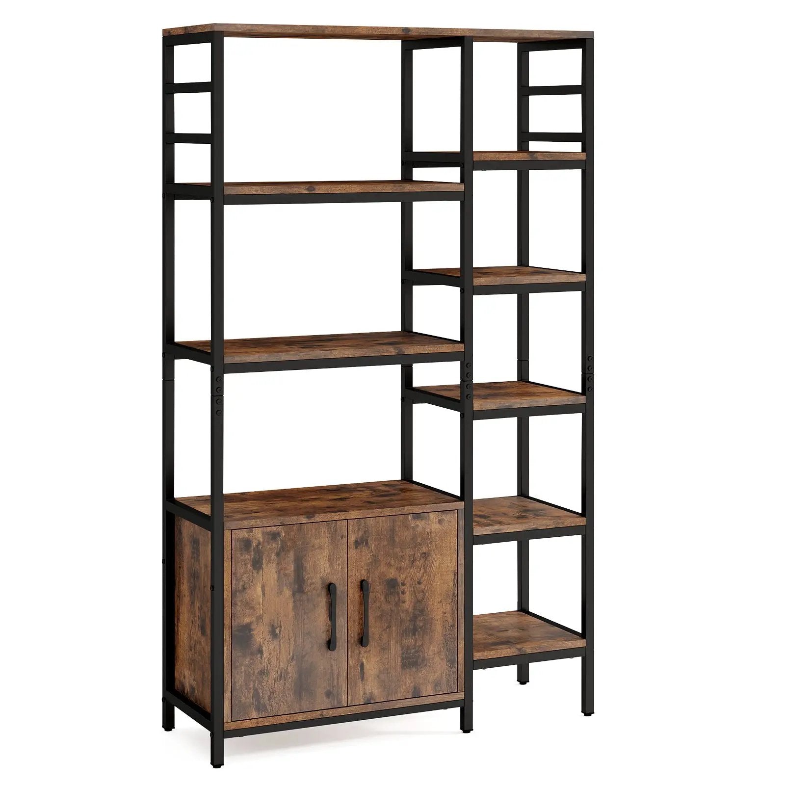 Double Wide 8-Tier Bookshelf with 2-Door Cabinet for Living Room Home Office-Rustic Brown by DirectDeals