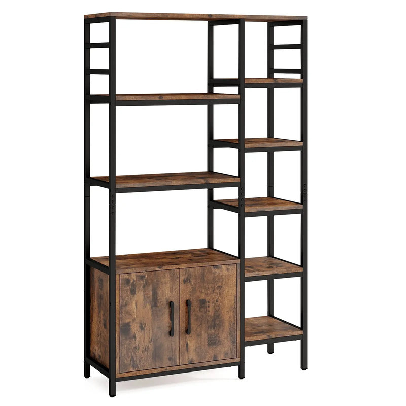 Double Wide 8-Tier Bookshelf with 2-Door Cabinet for Living Room Home Office-Rustic Brown by DirectDeals
