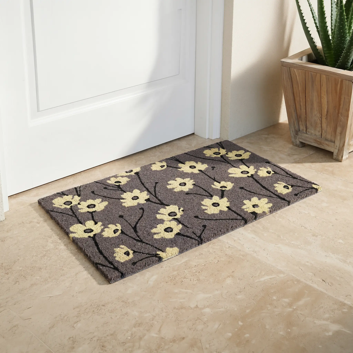 Wild Flowers - Gray Coir Doormat, installed in a room