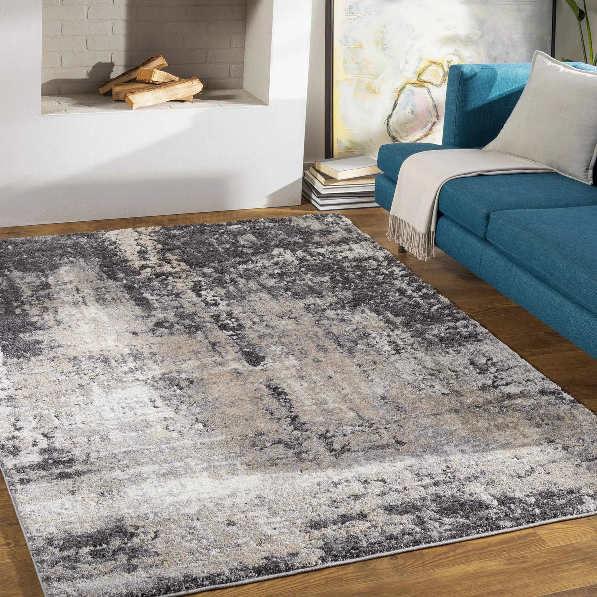 Witchford Abstract Charcoal Thick Rug, installed in a room