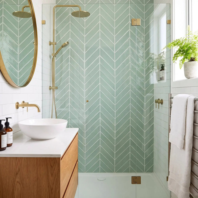 Sage Glossy Chevron Ceramic Tiles 2x6 by Stonetiledepot