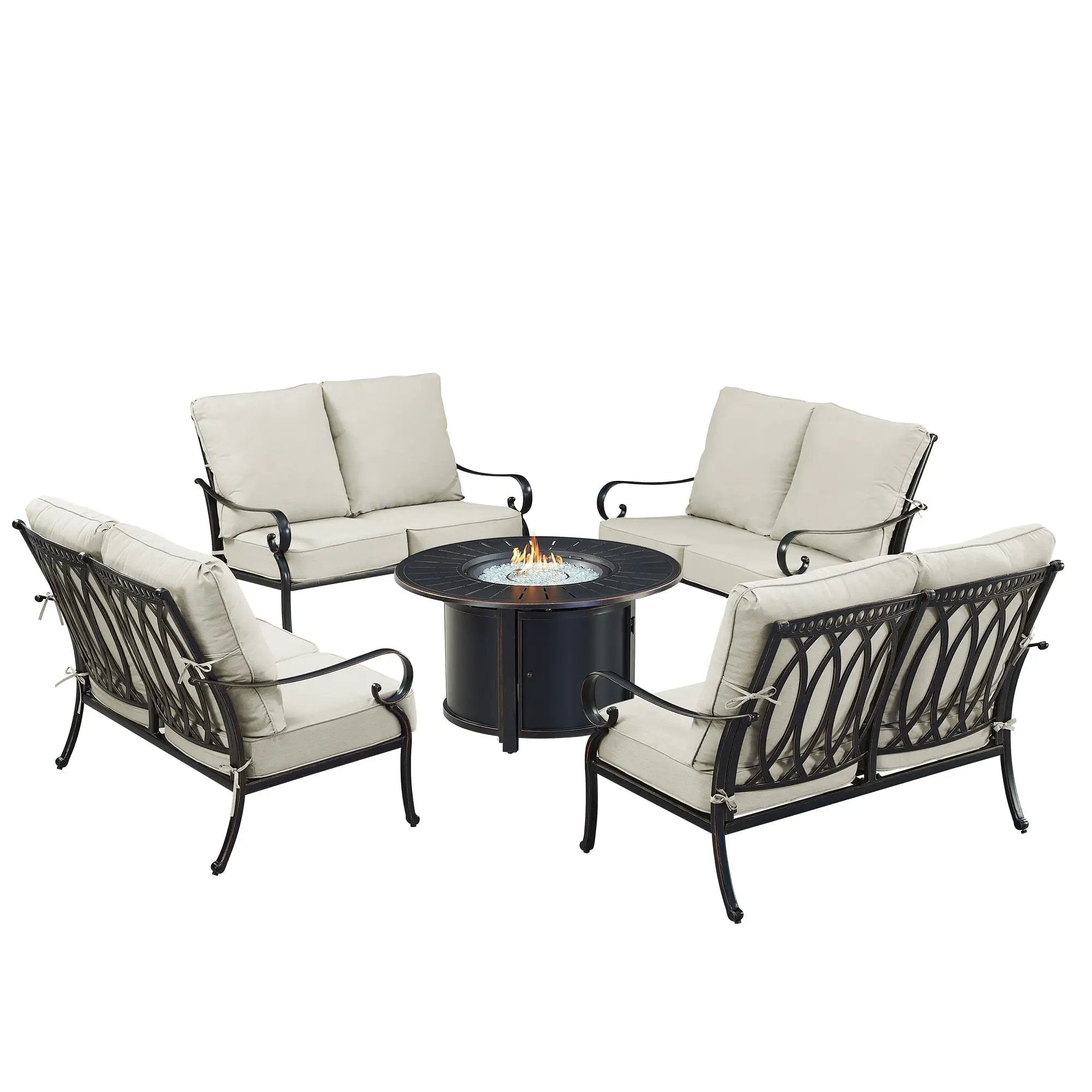 Black Aluminum Fire Table Set with Four Deep Seating Loveseats by Sharicks