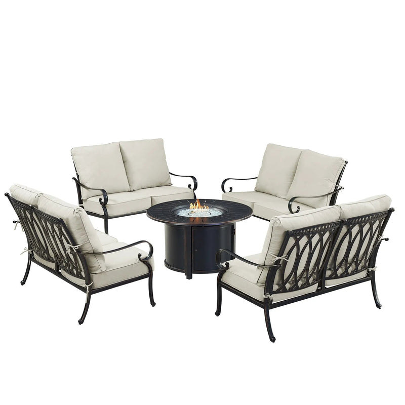 Black Aluminum Fire Table Set with Four Deep Seating Loveseats by Sharicks
