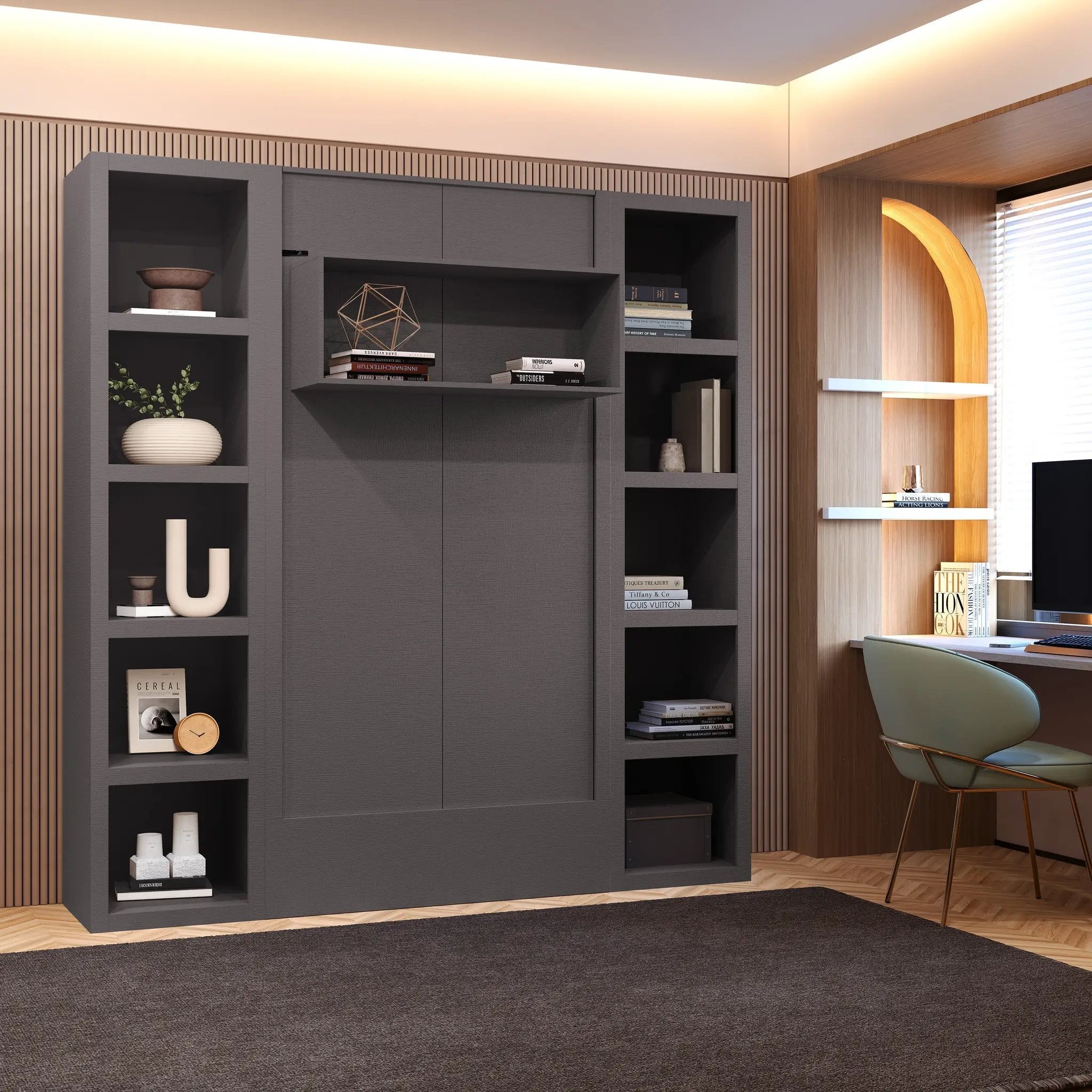 Easy-Lift Twin Murphy Wall Bed in Dark Grey with Two Bookshelves by Sharicks
