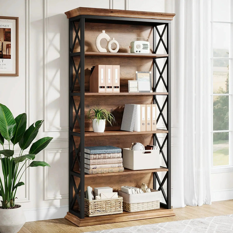 Wood Bookcase 6-Tier 71 Inch Brown with Metal X-Pattern Design by House Of Avana