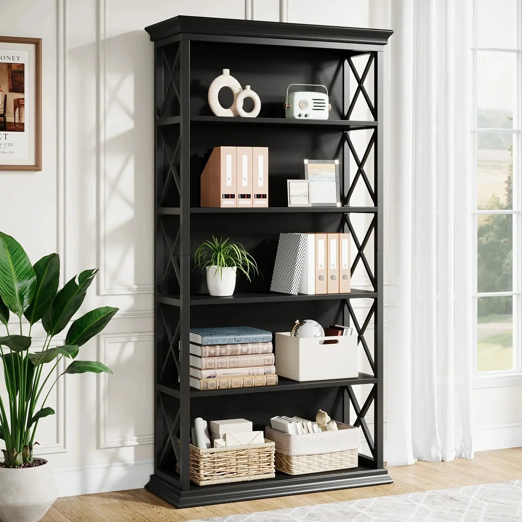 Wood Bookcase 6-Tier 71 Inch Brown with Metal X-Pattern Design by House Of Avana