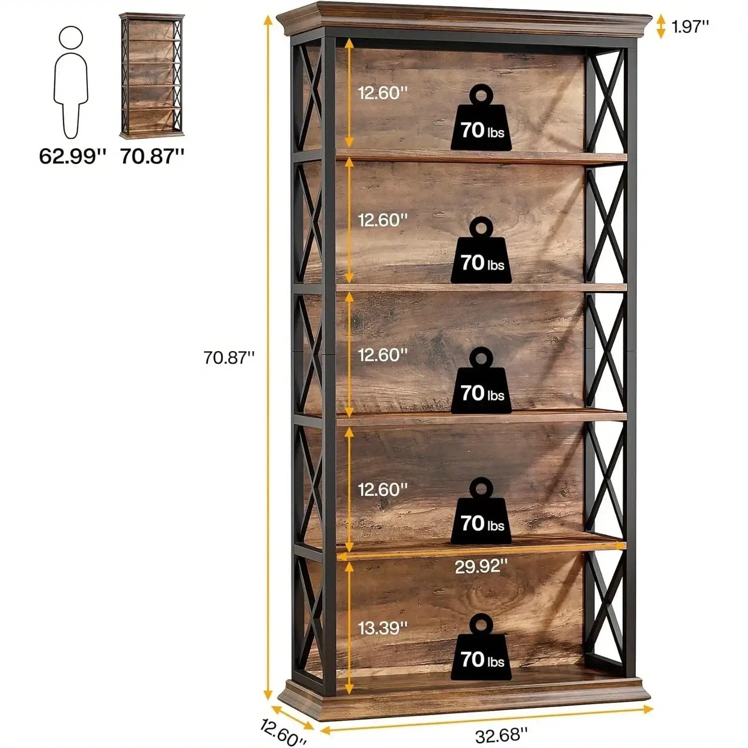 Wood Bookcase 6-Tier 71 Inch Brown with Metal X-Pattern Design by House Of Avana