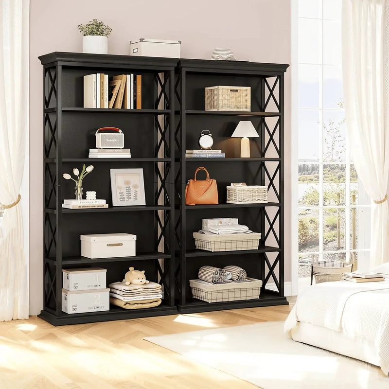 Wood Bookcase 6-Tier 71 Inch Brown with Metal X-Pattern Design by House Of Avana