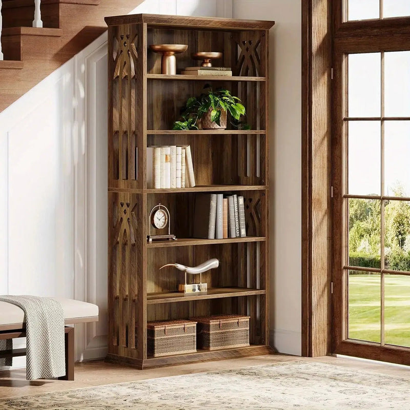 Wood Bookcase 6-Tier 75-Inch Brown Freestanding Shelves by House Of Avana