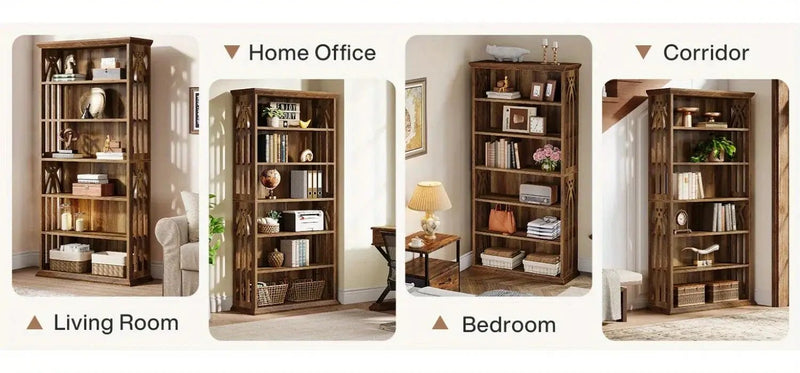 Wood Bookcase 6-Tier 75-Inch Brown Freestanding Shelves by House Of Avana