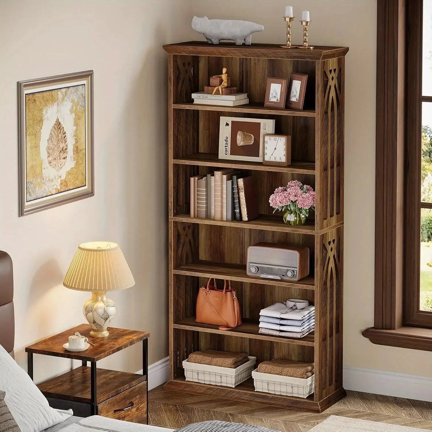 Wood Bookcase 6-Tier 75-Inch Brown Freestanding Shelves by House Of Avana