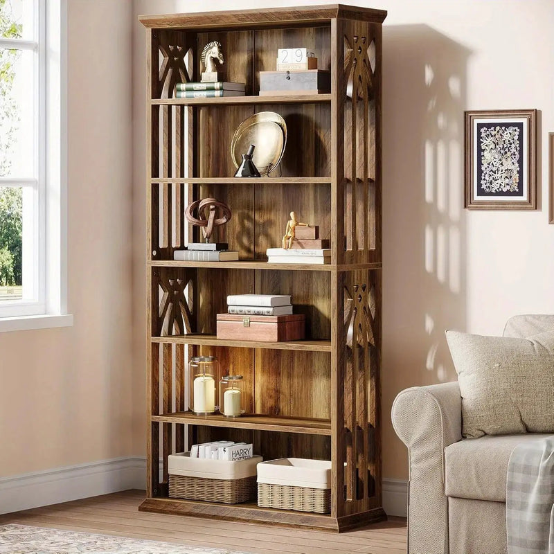 Wood Bookcase 6-Tier 75-Inch Brown Freestanding Shelves by House Of Avana