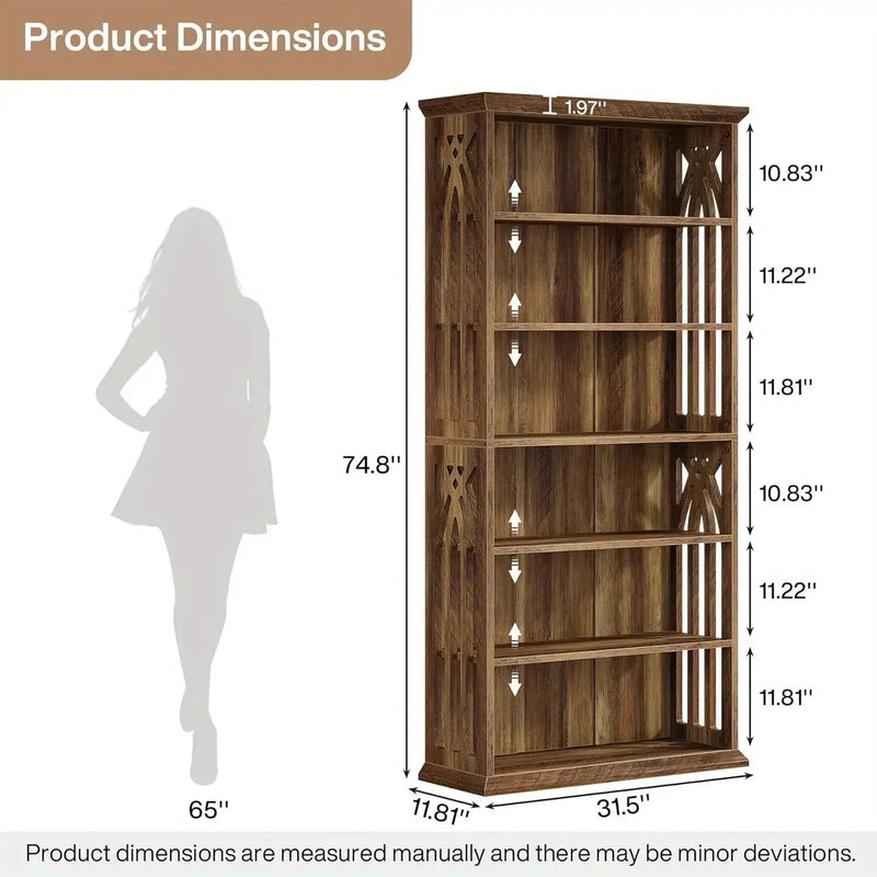Wood Bookcase 6-Tier 75-Inch Brown Freestanding Shelves by House Of Avana