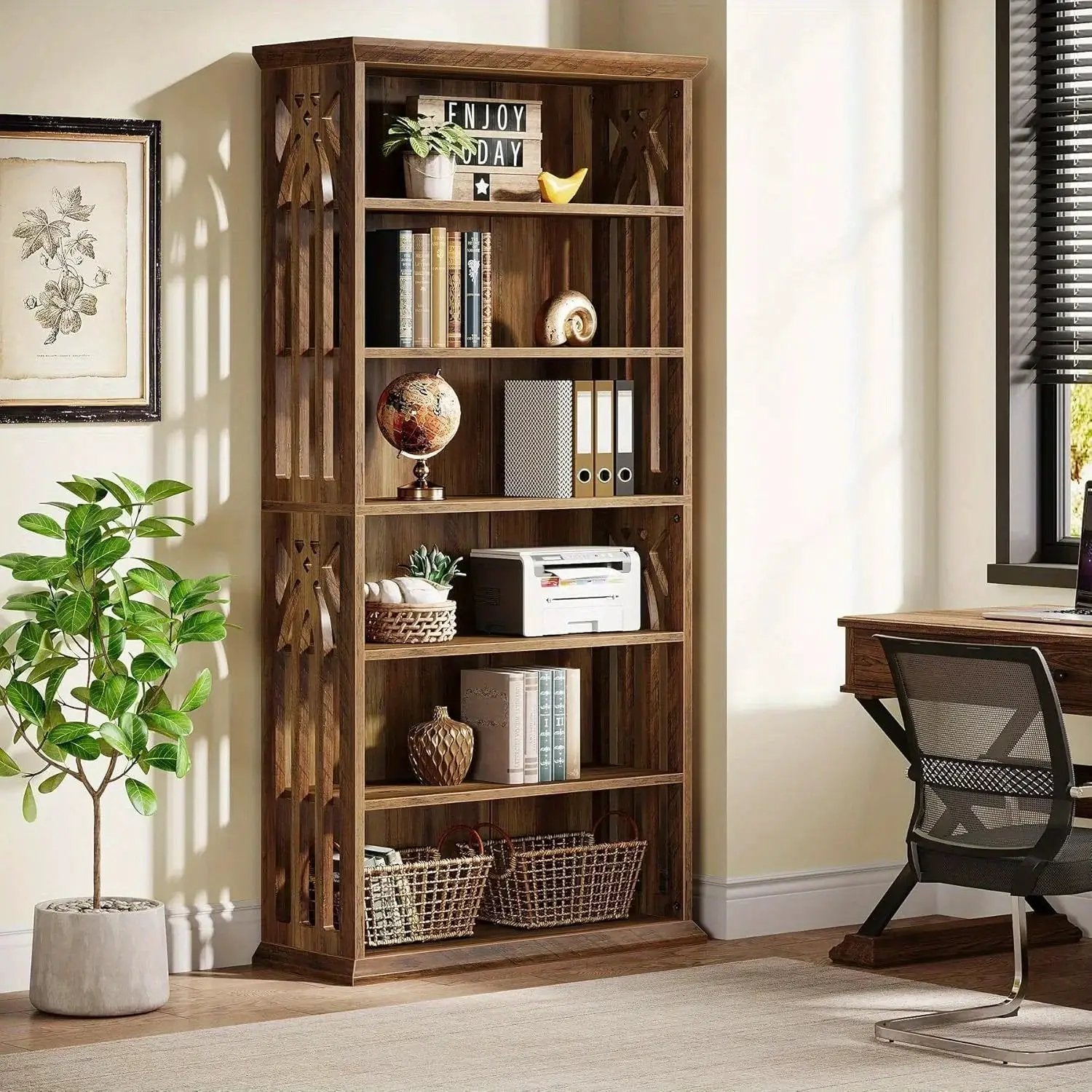 Wood Bookcase 6-Tier 75-Inch Brown Freestanding Shelves by House Of Avana
