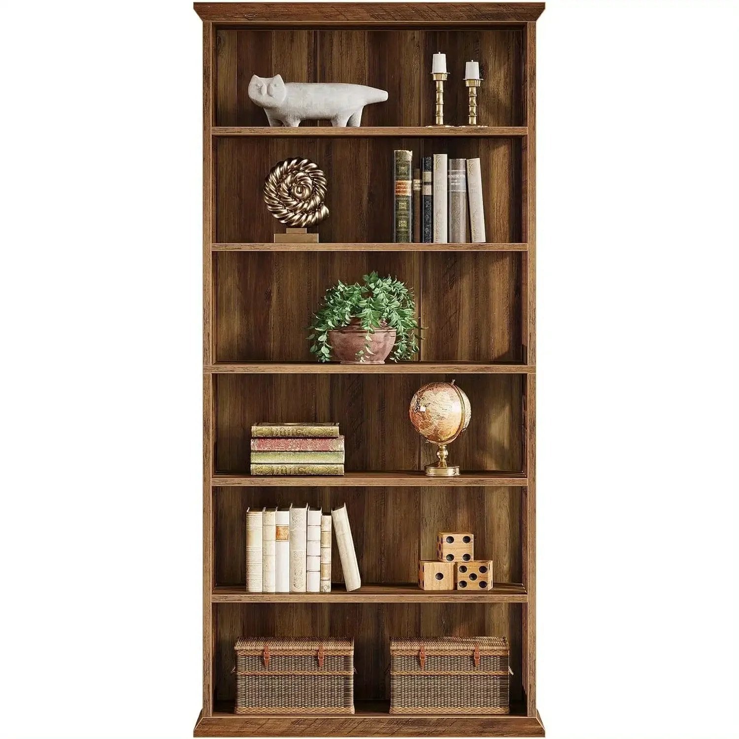 Wood Bookcase 6-Tier 75-Inch Brown Freestanding Shelves by House Of Avana