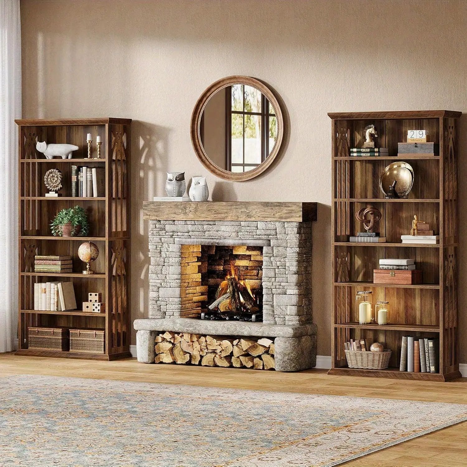 Wood Bookcase 6-Tier 75-Inch Brown Freestanding Shelves by House Of Avana